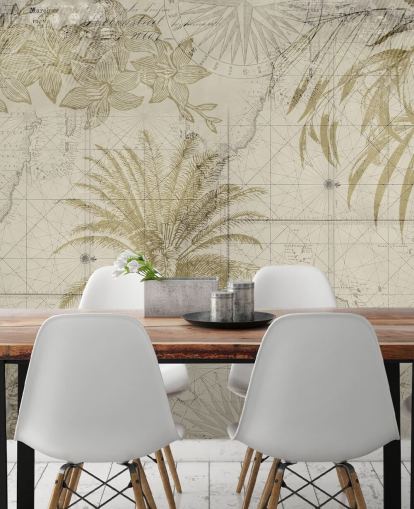 papel pintado vintage de mapa y palmera en tonos beige y naturales