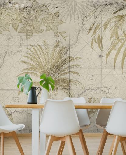 papel pintado vintage de mapa y palmera en tonos beige y naturales papel pintado vintage de mapa y palmera en tonos beige y naturales