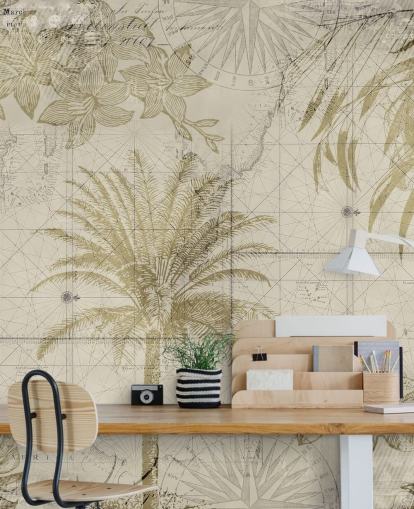 Beige und natürlich getönte Vintage-Karte und Palmen-Tapete