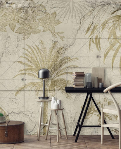 papel pintado vintage de mapa y palmera en tonos beige y naturales
