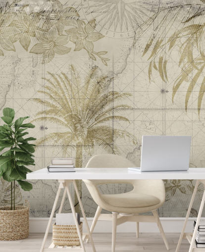 beige and natural toned vintage map and palm tree wallpaper