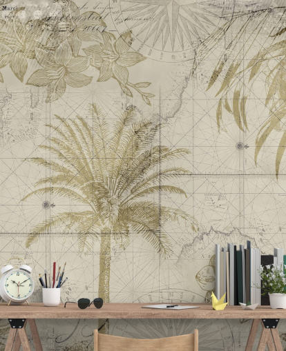 papel pintado vintage de mapa y palmera en tonos beige y naturales papel pintado vintage de mapa y palmera en tonos beige y naturales