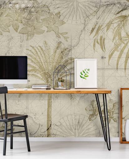 carta da parati vintage con mappa e palme beige e naturali
