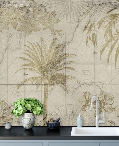 beige och naturliga tonade vintage karta och palmer tapet