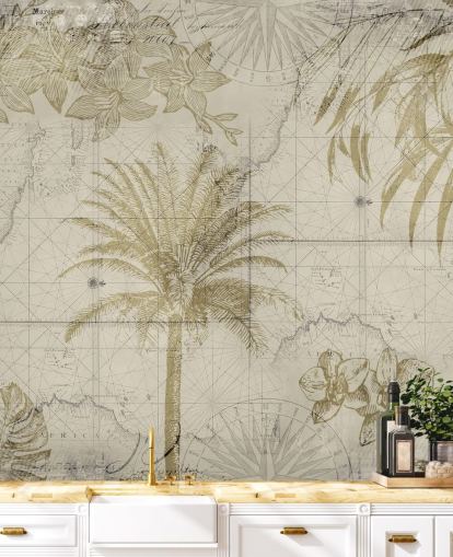 beige en natuurlijk getinte vintage kaart en palmboombehang