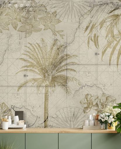 beige en natuurlijk getinte vintage kaart en palmboombehang