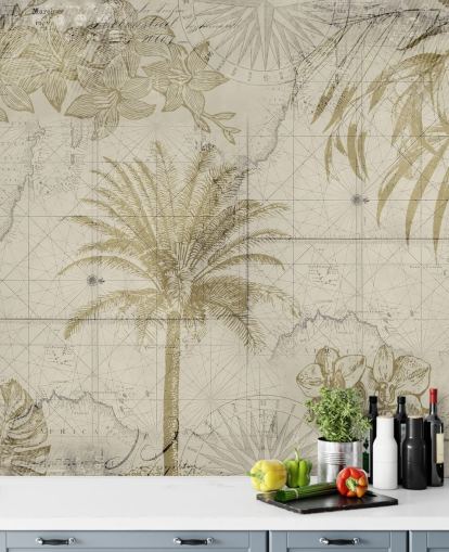 papel pintado vintage de mapa y palmera en tonos beige y naturales papel pintado vintage de mapa y palmera en tonos beige y naturales