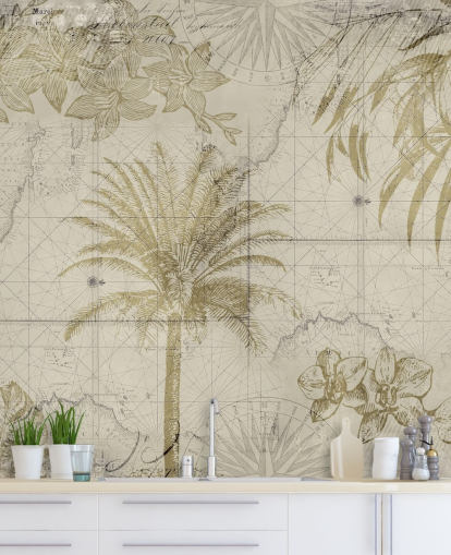 carta da parati vintage con mappa e palme beige e naturali