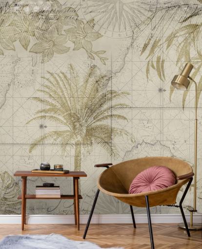 beige og naturlig tonet vintage kart og palmetre tapet