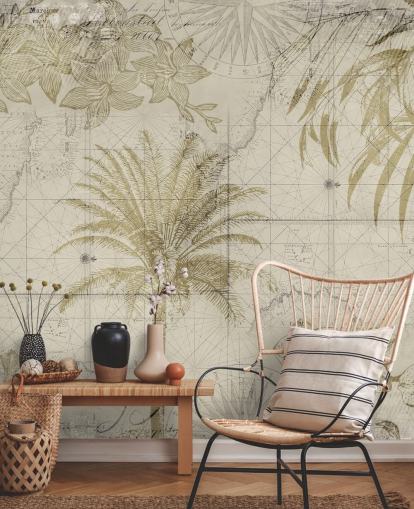 carta da parati vintage con mappa e palme beige e naturali