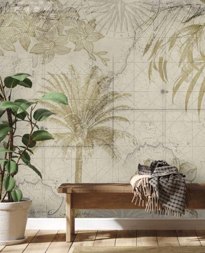 beige and natural toned vintage map and palm tree wallpaper