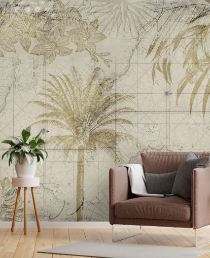 papel pintado vintage de mapa y palmera en tonos beige y naturales