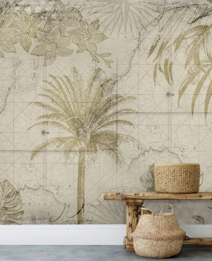 carta da parati vintage con mappa e palme beige e naturali