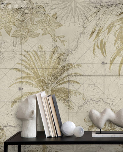 Beige und natürlich getönte Vintage-Karte und Palmen-Tapete Beige und natürlich getönte Vintage-Karte und Palmen-Tapete