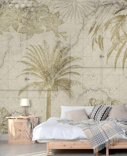 beige og naturlige tonet vintage kort og palme tapet