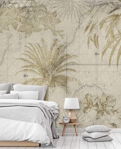 carta da parati vintage con mappa e palme beige e naturali