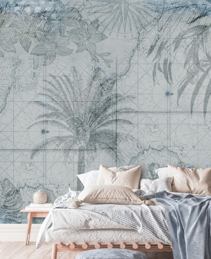 blue vintage tropical map wallpaper