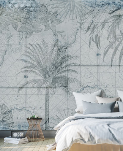 papel de parede azul vintage tropical mapa