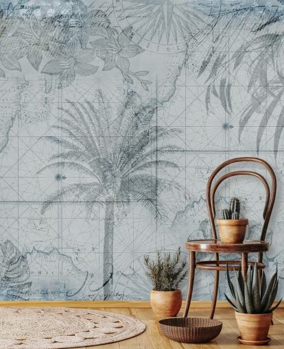 papel de parede azul vintage tropical mapa
