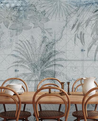 blue vintage tropical map wallpaper