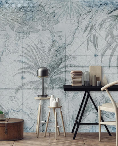 papel de parede azul vintage tropical mapa