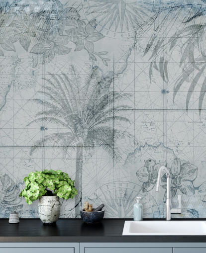 blue vintage tropical map wallpaper