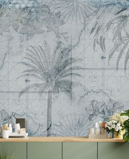 papier peint carte tropicale vintage bleu