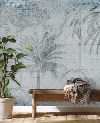 blauw vintage tropische kaart behang