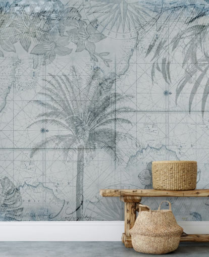 blue vintage tropical map wallpaper