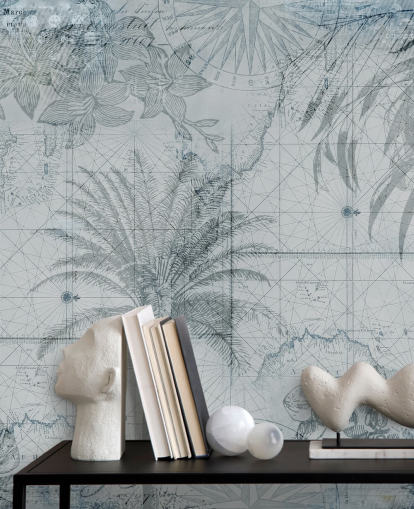 papel de parede azul vintage tropical mapa