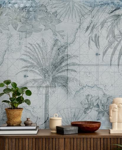 blue vintage tropical map wallpaper