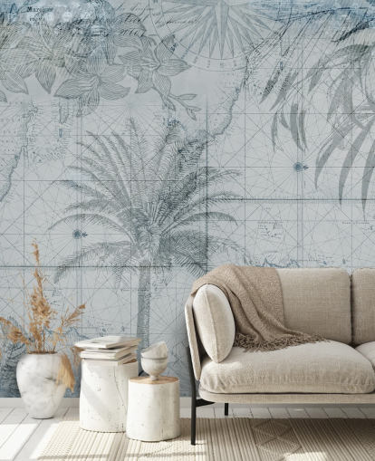 blue vintage tropical map wallpaper