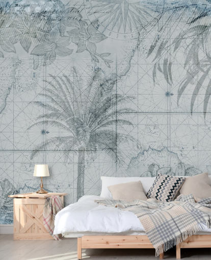blauw vintage tropische kaart behang