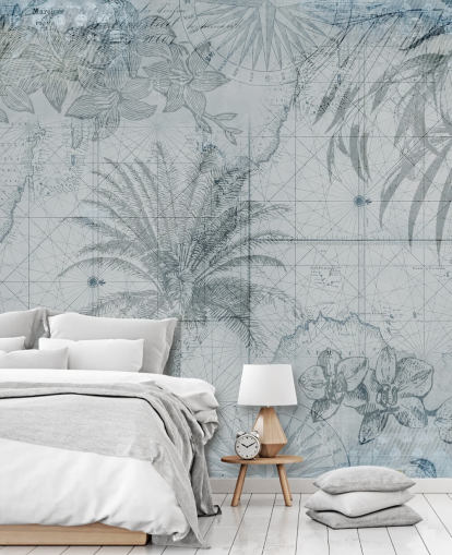 blue vintage tropical map wallpaper