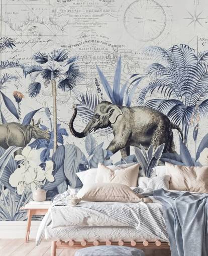 Elefant und Nashorn im blauen und grauen Dschungel Wandgemälde Elefant und Nashorn im blauen und grauen Dschungel Wandgemälde