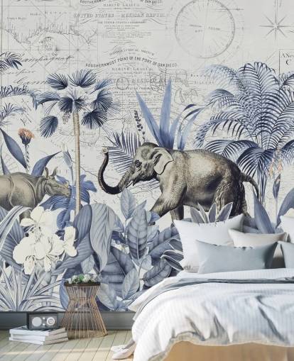 elefante e rinoceronte no mural da parede da selva azul e cinza