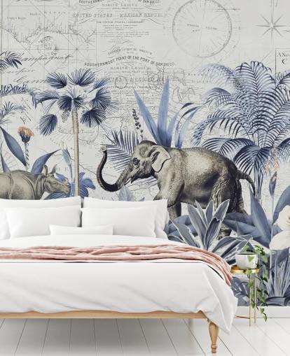 Elefant und Nashorn im blauen und grauen Dschungel Wandgemälde Elefant und Nashorn im blauen und grauen Dschungel Wandgemälde