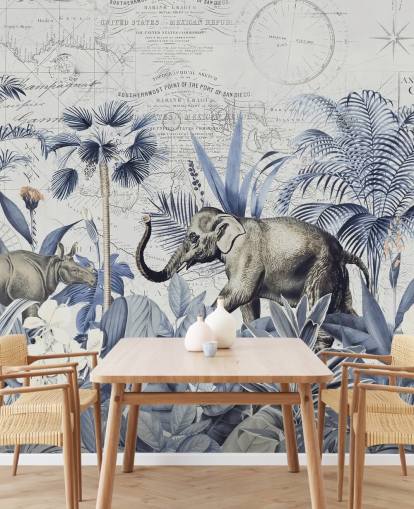 elephant and rhino in blue and grey jungle wall mural