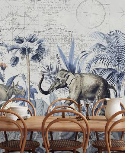 mural de pared elefante y rinoceronte en selva azul y gris