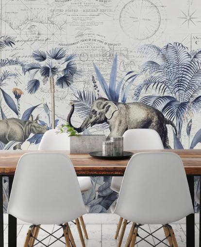 mural de pared elefante y rinoceronte en selva azul y gris