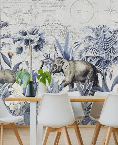 elephant and rhino in blue and grey jungle wall mural