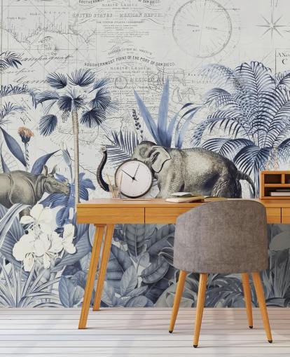 Decorazione murale con elefante e rinoceronte nella giungla blu e grigia