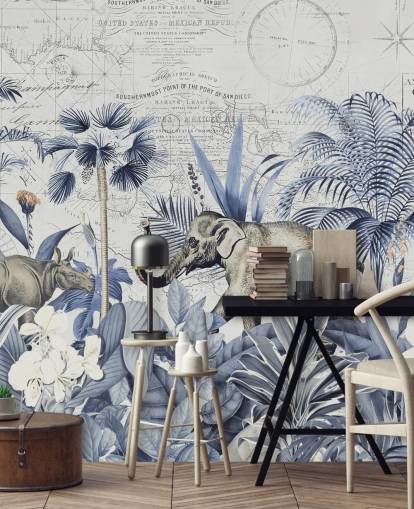 elefante e rinoceronte no mural da parede da selva azul e cinza elefante e rinoceronte no mural da parede da selva azul e cinza