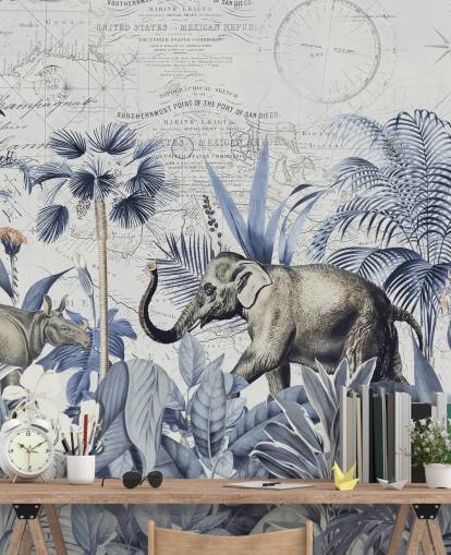 elephant and rhino in blue and grey jungle wall mural
