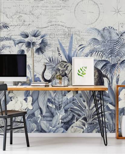 elephant and rhino in blue and grey jungle wall mural