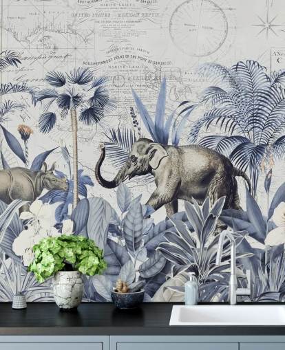 Elefant und Nashorn im blauen und grauen Dschungel Wandgemälde Elefant und Nashorn im blauen und grauen Dschungel Wandgemälde