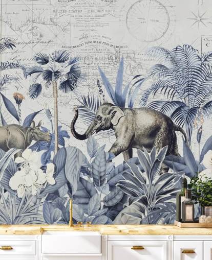 Elefant und Nashorn im blauen und grauen Dschungel Wandgemälde Elefant und Nashorn im blauen und grauen Dschungel Wandgemälde