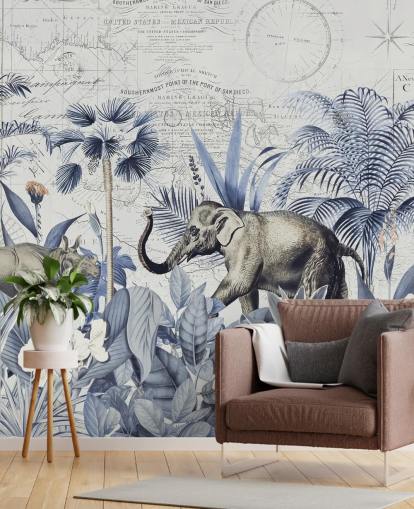 Decorazione murale con elefante e rinoceronte nella giungla blu e grigia
