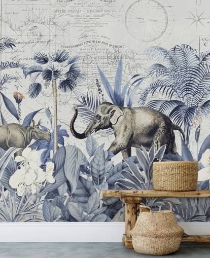 mural de pared elefante y rinoceronte en selva azul y gris