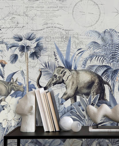 olifant en neushoorn in blauwe en grijze jungle muurschildering